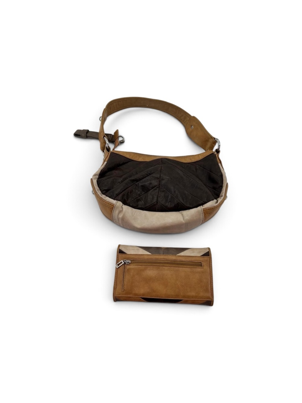 Vintage Guess- Chevron Patchwork Shoulder Bag in Brown&Tanya W/Matching Wallet - Picture 4 of 6
